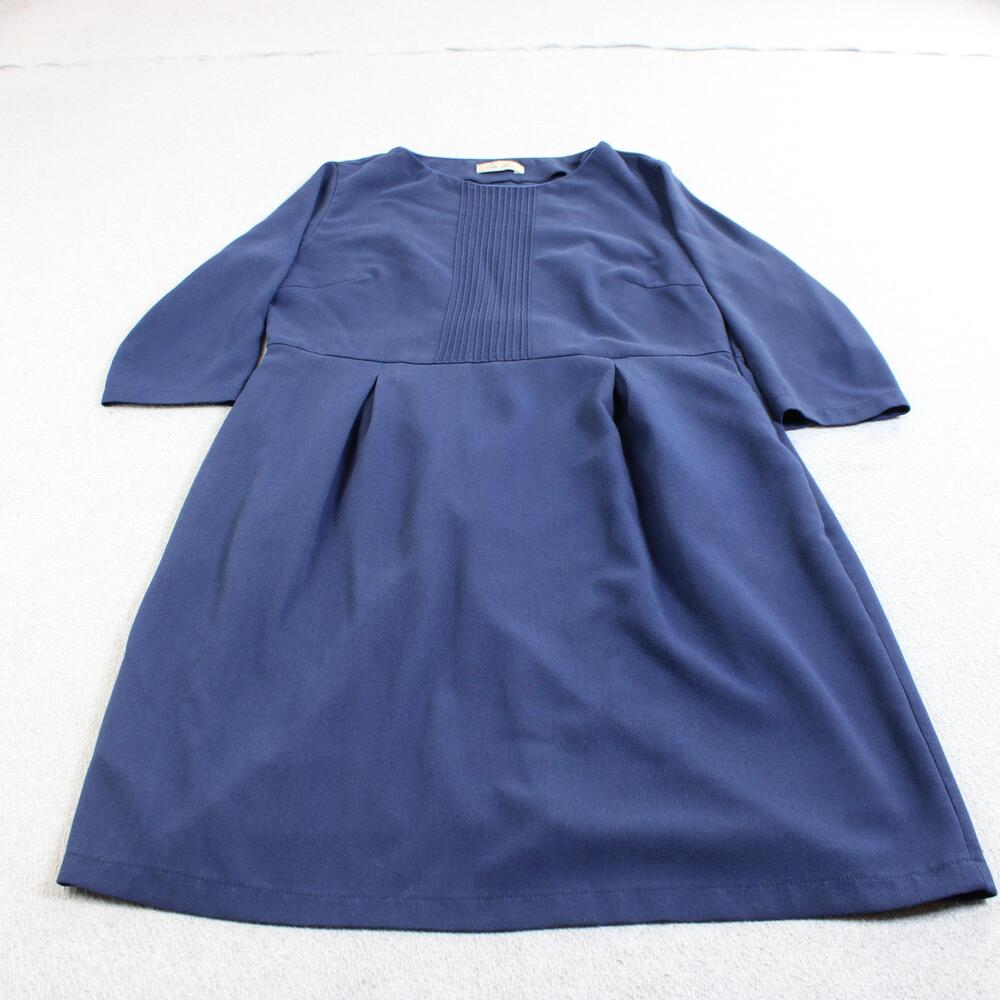 Oda Lux Dress Women 46 Blue A Line 3/4 Sleeve Pleat Office Stretch Modest Retro